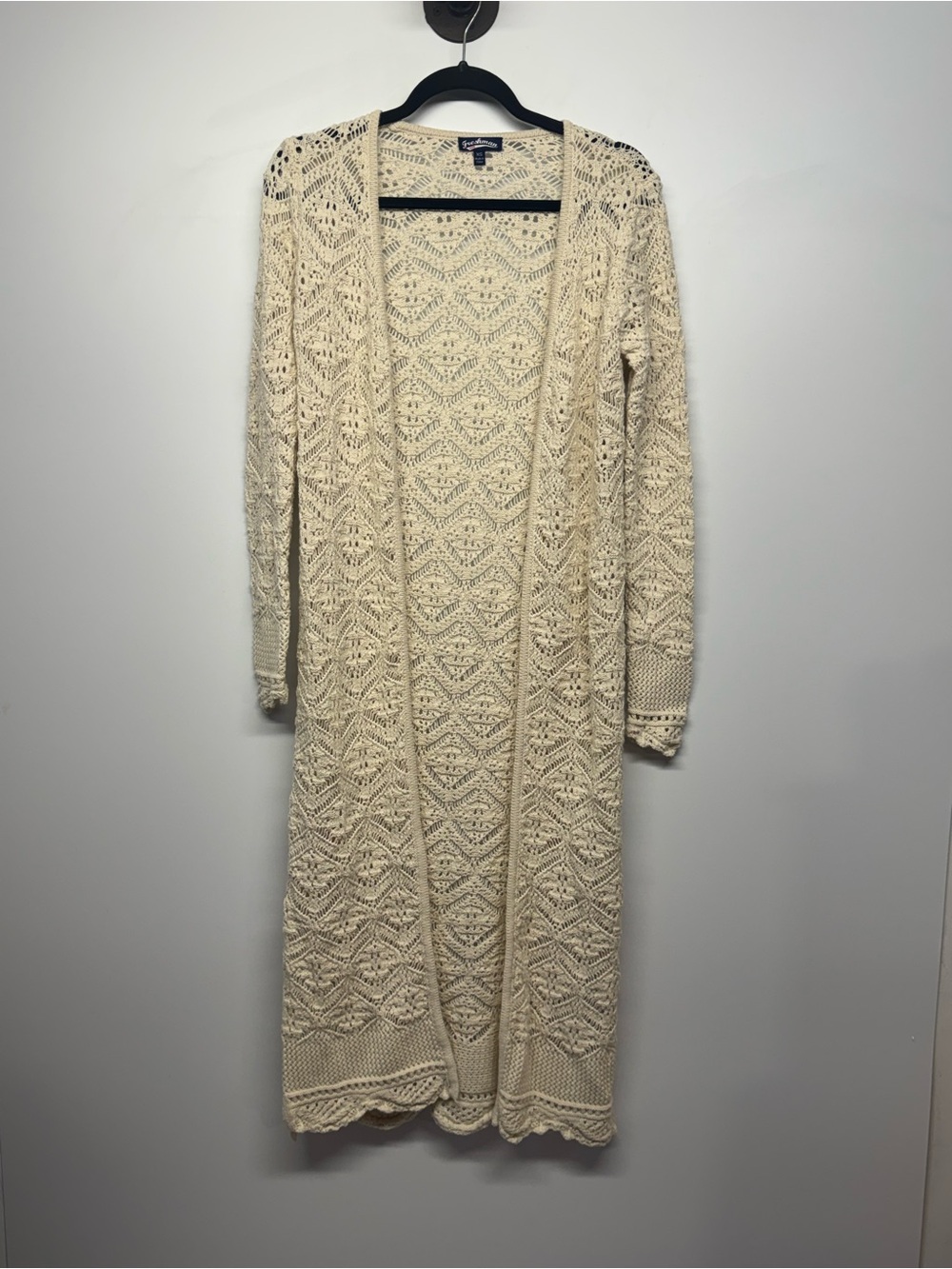 Long Open-Front Cream Crochet Cardigan Sweater Freshman XS